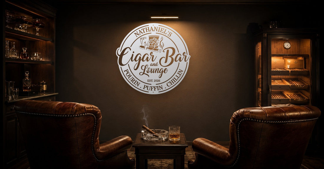 Home cigar lounge with leather chairs and a personalized Metal Decor 4U steel sign