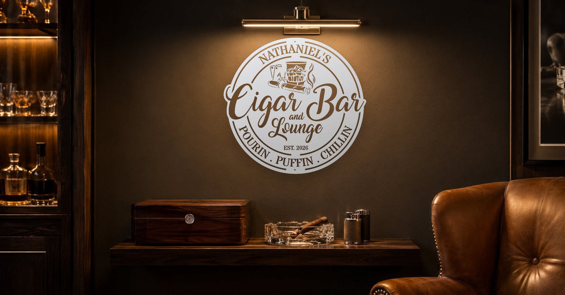 Cigar room decor with a personalized steel name sign above a humidor shelf