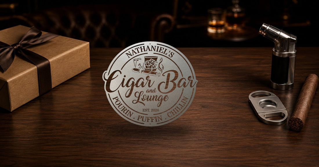 Personalized steel cigar lounge sign shown as a gift with cigar accessories