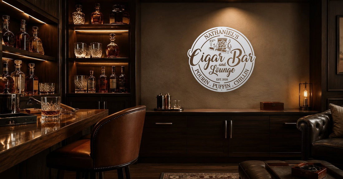 Man cave bar with whiskey bottles, glassware, and a personalized steel wall sign