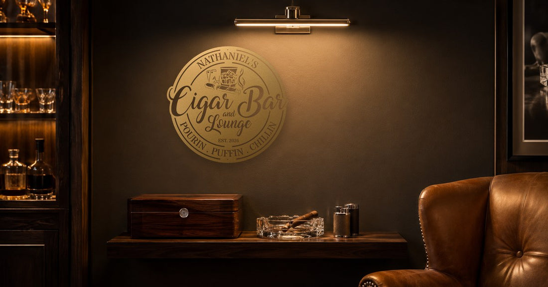 Home cigar lounge with a personalized gold steel sign above a cabinet humidor shelf