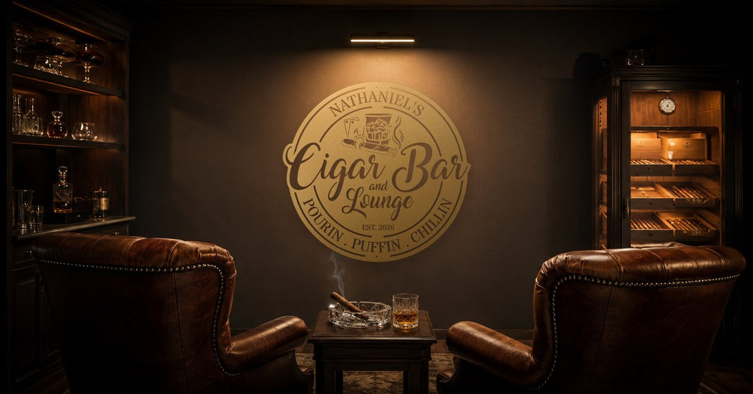 Home cigar lounge with leather club chairs and a personalized steel cigar bar sign