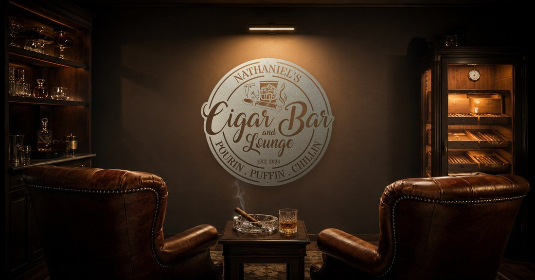 Custom branded cigar lounge steel signage on a feature wall