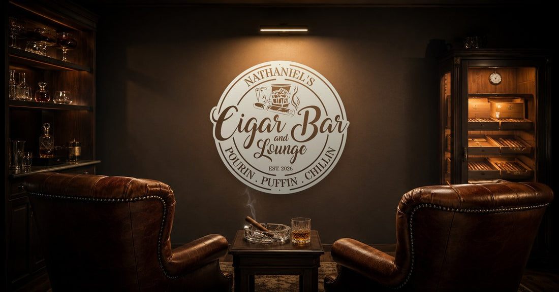 Cigar lounge with a personalized steel sign, a gift for whiskey lovers