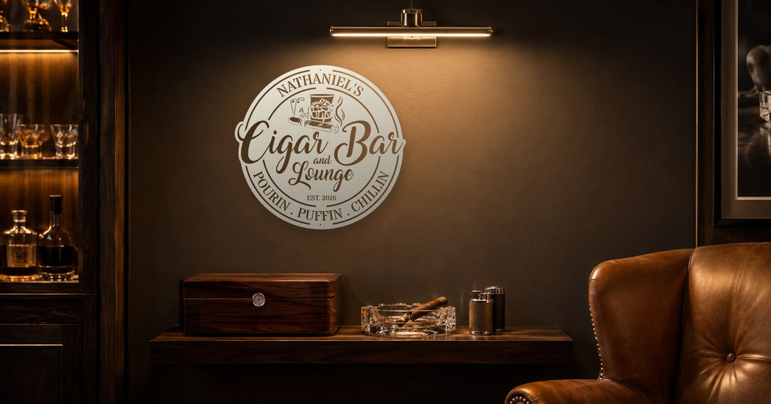 Cigar lounge with a personalized steel sign as a groomsmen gift