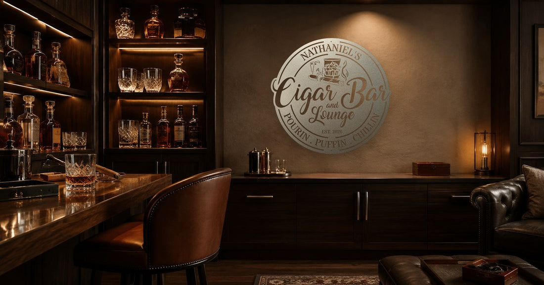 Home bar with a personalized brushed-steel bar sign on the wall