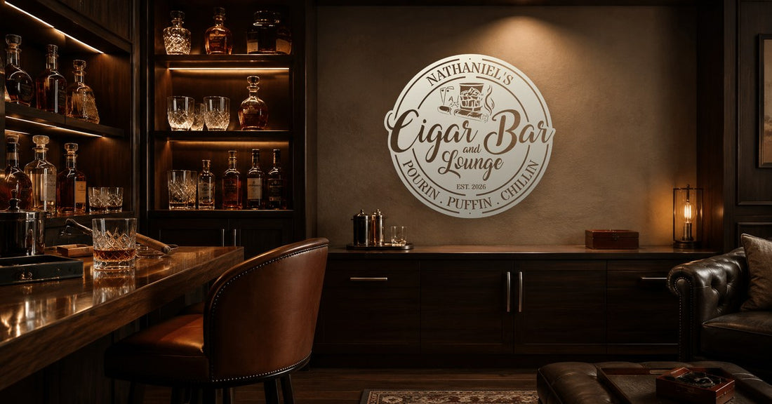 Man cave bar with a personalized white steel wall sign above the bar cabinet