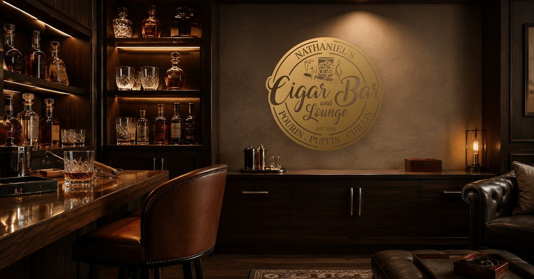 Man cave with a personalized steel sign, a gift for him