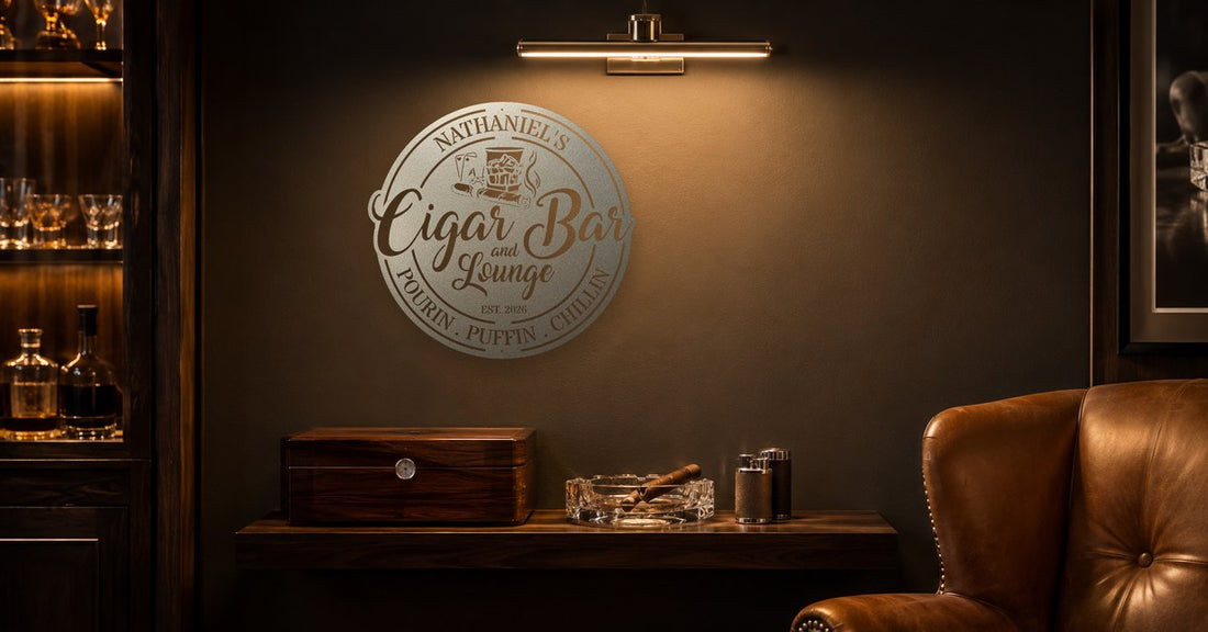 Whiskey den with a personalized brushed-steel sign above the bar shelf