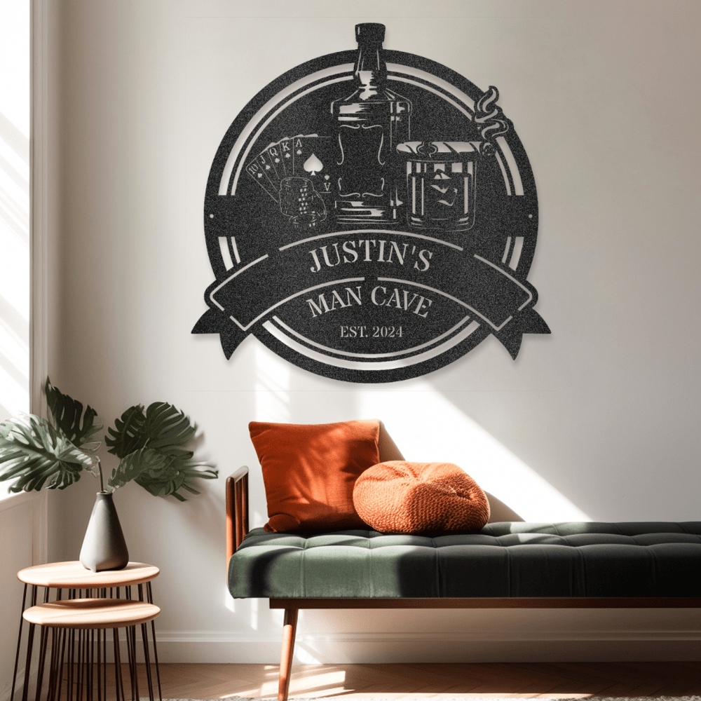 Personalized man cave steel sign with whiskey bottle, cigar, and playing cards cutout design