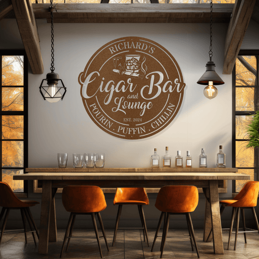 Personalized Cigar Bar steel sign, copper finish, in a home cigar lounge