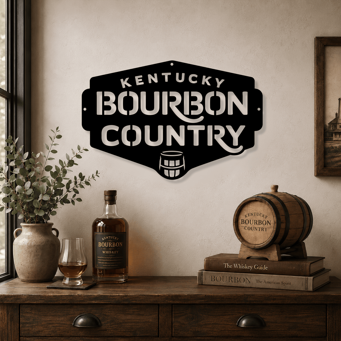Kentucky Bourbon Country metal wall art sign hung above a home bar