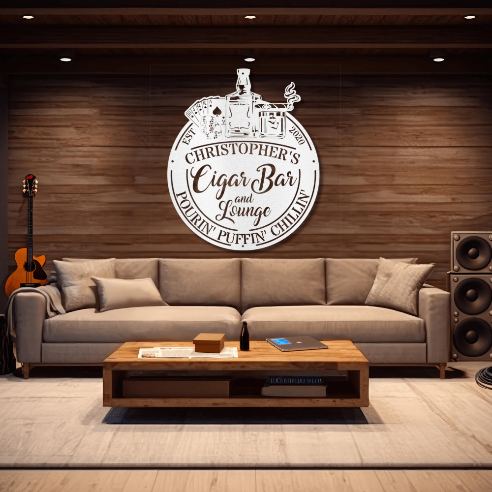 Man Cave Cigar Bar Lounge personalized steel wall sign hanging in a home cigar lounge