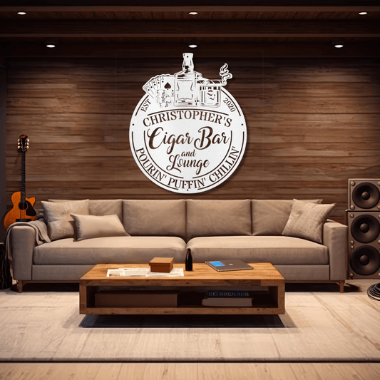 Man Cave Cigar Bar Lounge personalized steel wall sign hanging in a home cigar lounge
