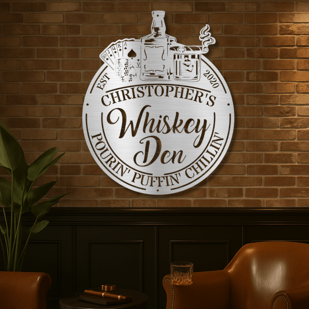 Man Cave Whiskey Den laser-cut steel sign hanging above a home bar