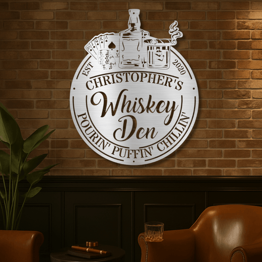 Man Cave Whiskey Den laser-cut steel sign hanging above a home bar