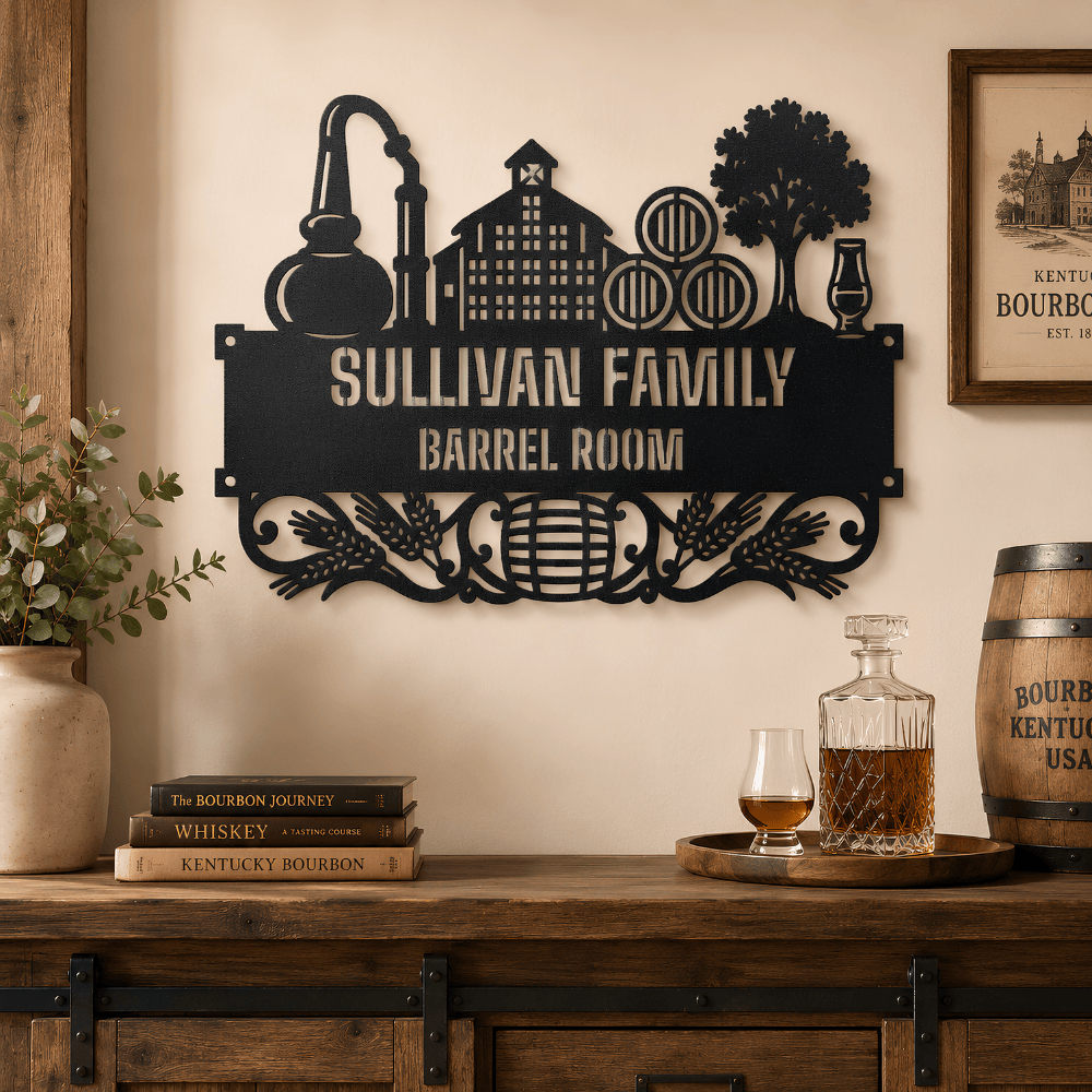 Personalized Distillery Barrel Room metal wall art hanging in a bourbon room