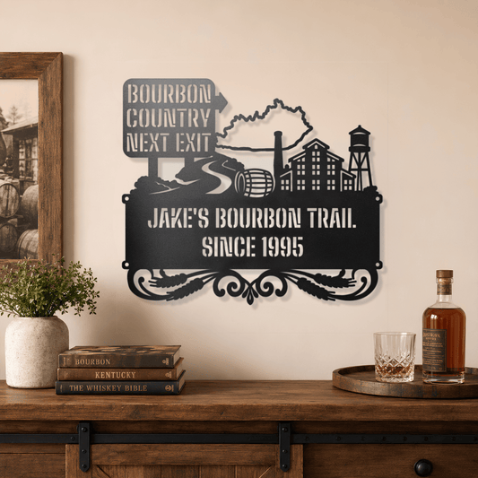 Personalized Bourbon Country Scenic Route metal wall art steel sign for an outdoor patio whiskey space