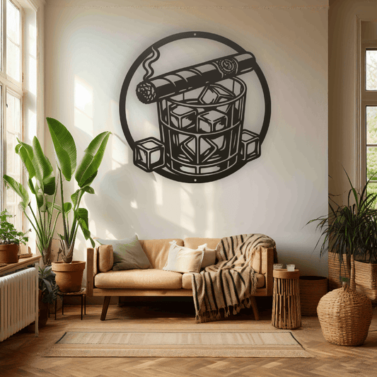 Whiskey Glass with Ice and Smoking Cigar metal wall art from MetalDecor4U, a fitting header for classic bourbon cocktails