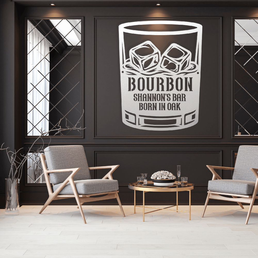 Personalized Bourbon Whiskey Rocks Glass metal wall art from MetalDecor4U