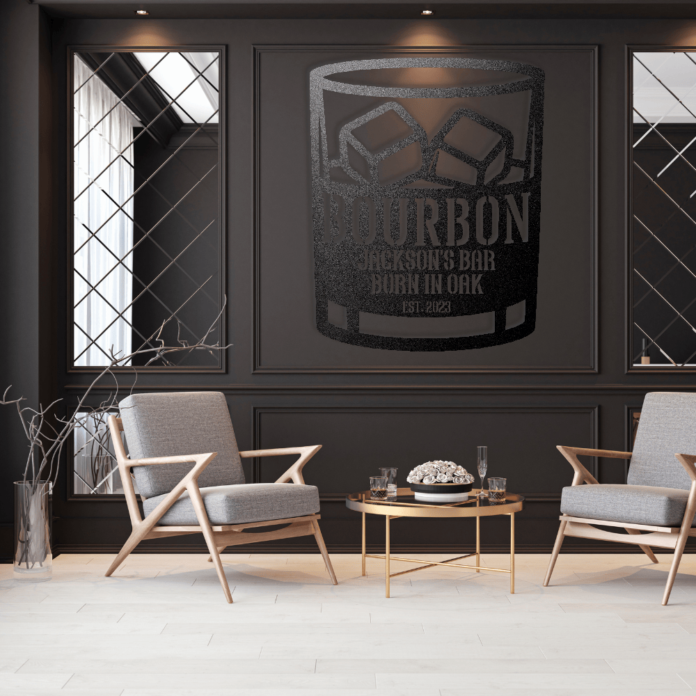 MyEasyMonogram Steel Sign Black / 12 Personalized Bourbon Rocks Glass Metal Wall Art