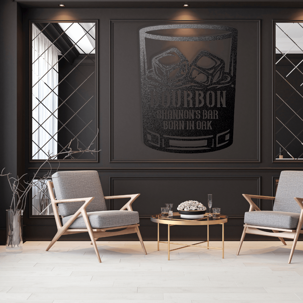 MyEasyMonogram Steel Sign Black / 12 Personalized Bourbon Whiskey Rocks Glass Metal Wall Art