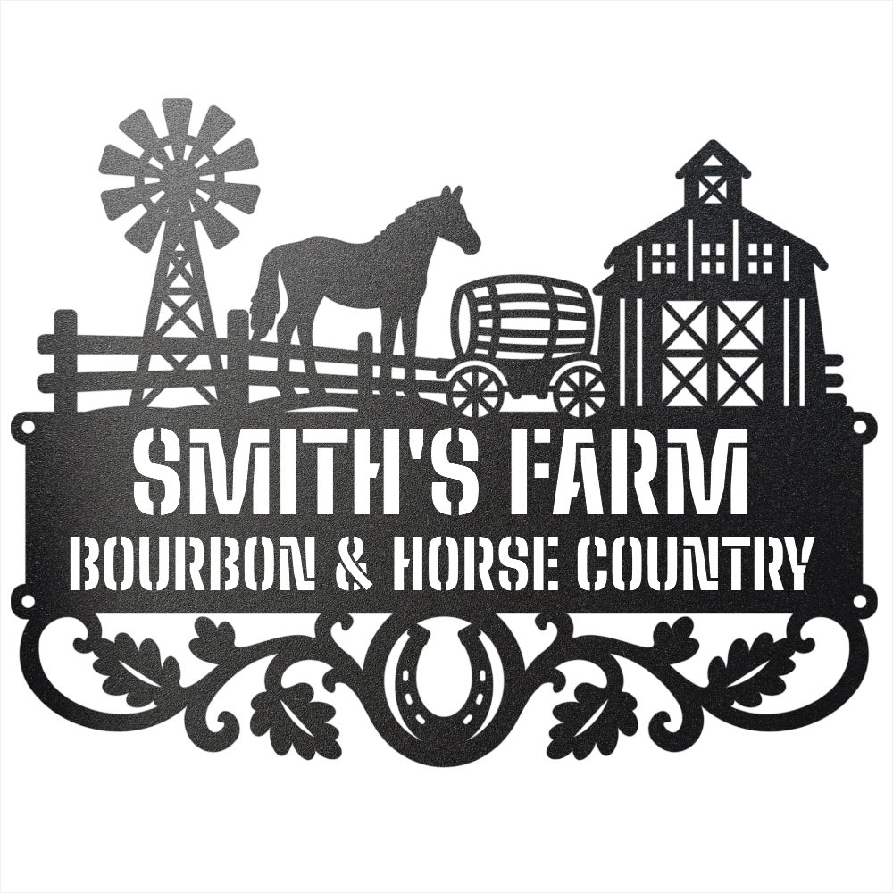 MyEasyMonogram Steel Sign Black / 12 Personalized Farmyard Metal Wall Art with Horse and Barn Silhouette