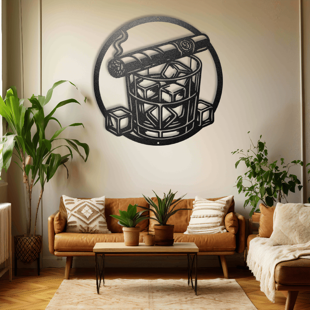 MyEasyMonogram Steel Sign Black / 12 Whiskey Glass with Ice and Smoking Cigar Metal Wall Art