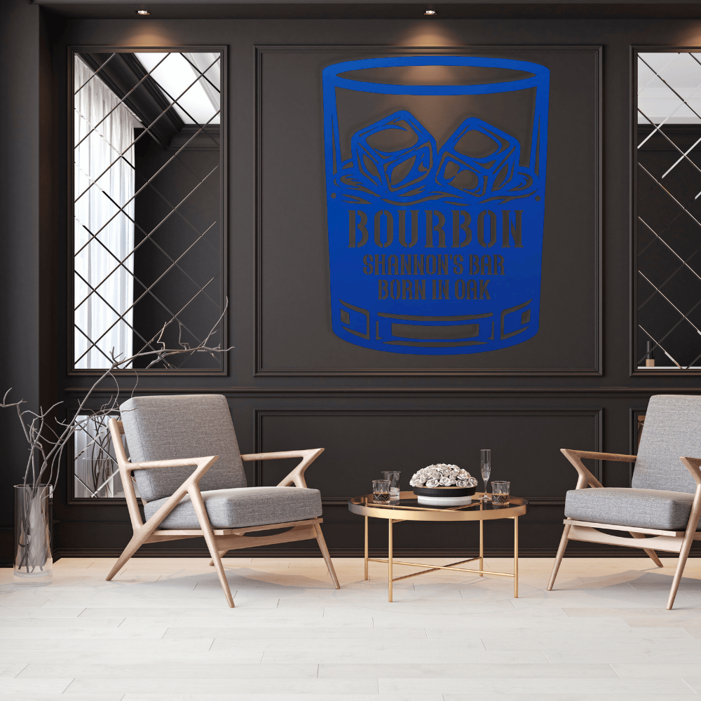 MyEasyMonogram Steel Sign Blue / 12 Personalized Bourbon Whiskey Rocks Glass Metal Wall Art