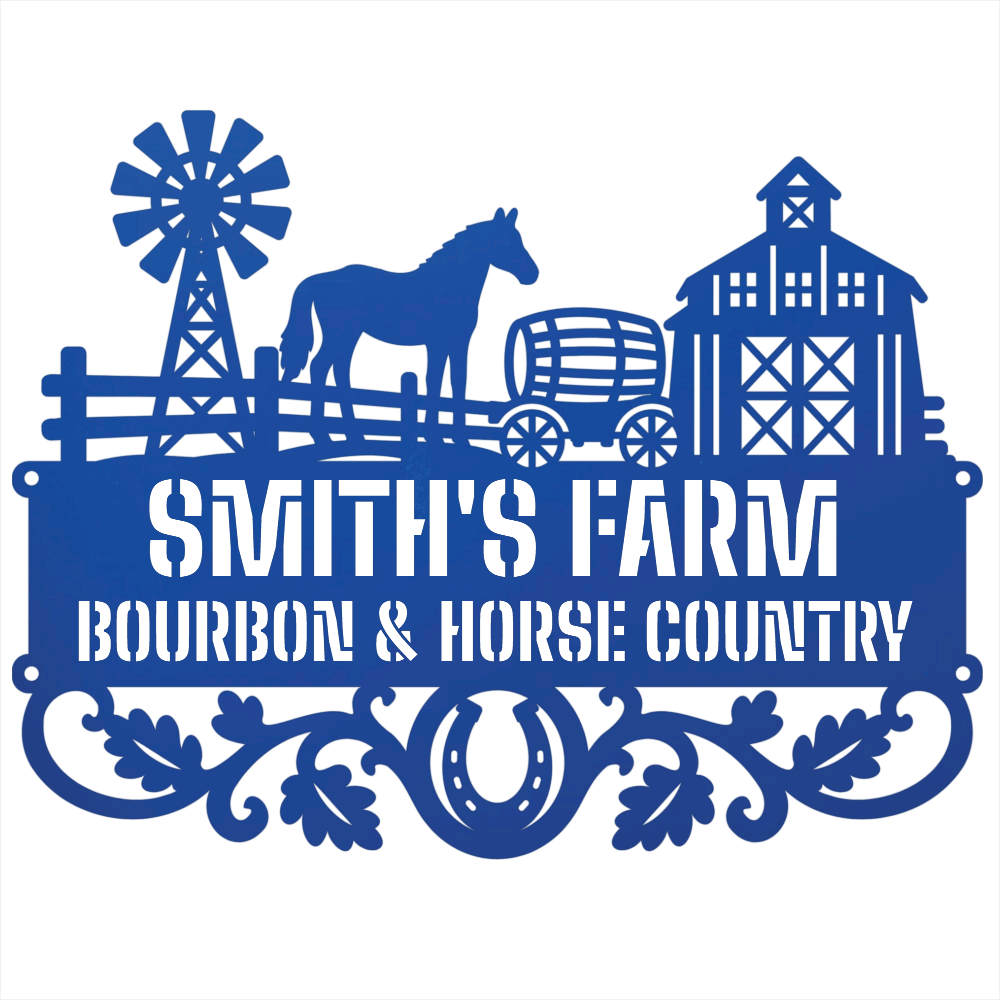 MyEasyMonogram Steel Sign Blue / 12 Personalized Farmyard Metal Wall Art with Horse and Barn Silhouette
