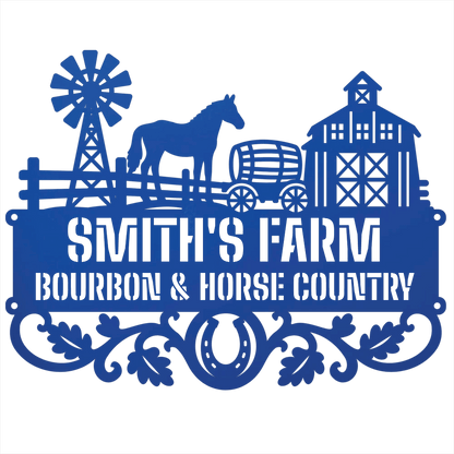 MyEasyMonogram Steel Sign Blue / 12 Personalized Farmyard Metal Wall Art with Horse and Barn Silhouette
