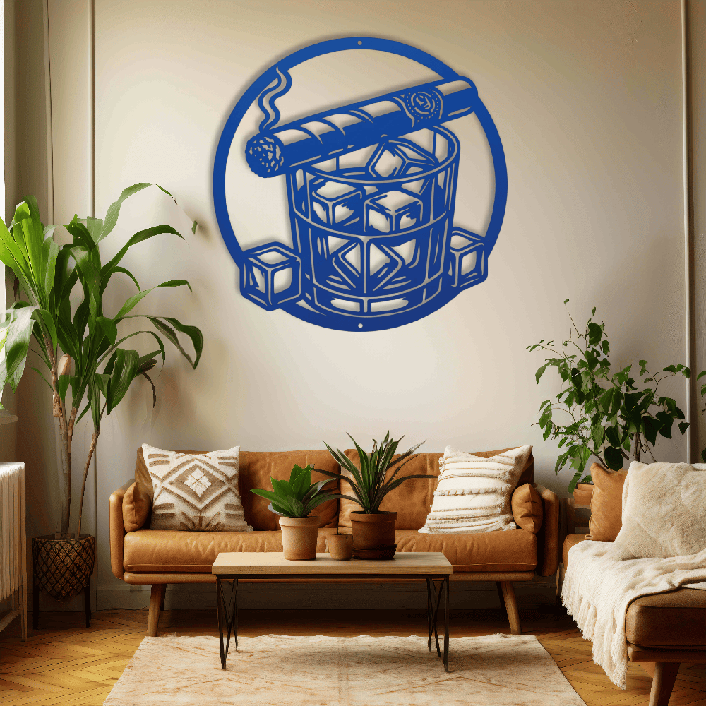 MyEasyMonogram Steel Sign Blue / 12 Whiskey Glass with Ice and Smoking Cigar Metal Wall Art