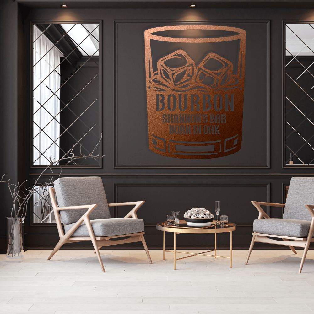 MyEasyMonogram Steel Sign Copper / 12 Personalized Bourbon Whiskey Rocks Glass Metal Wall Art