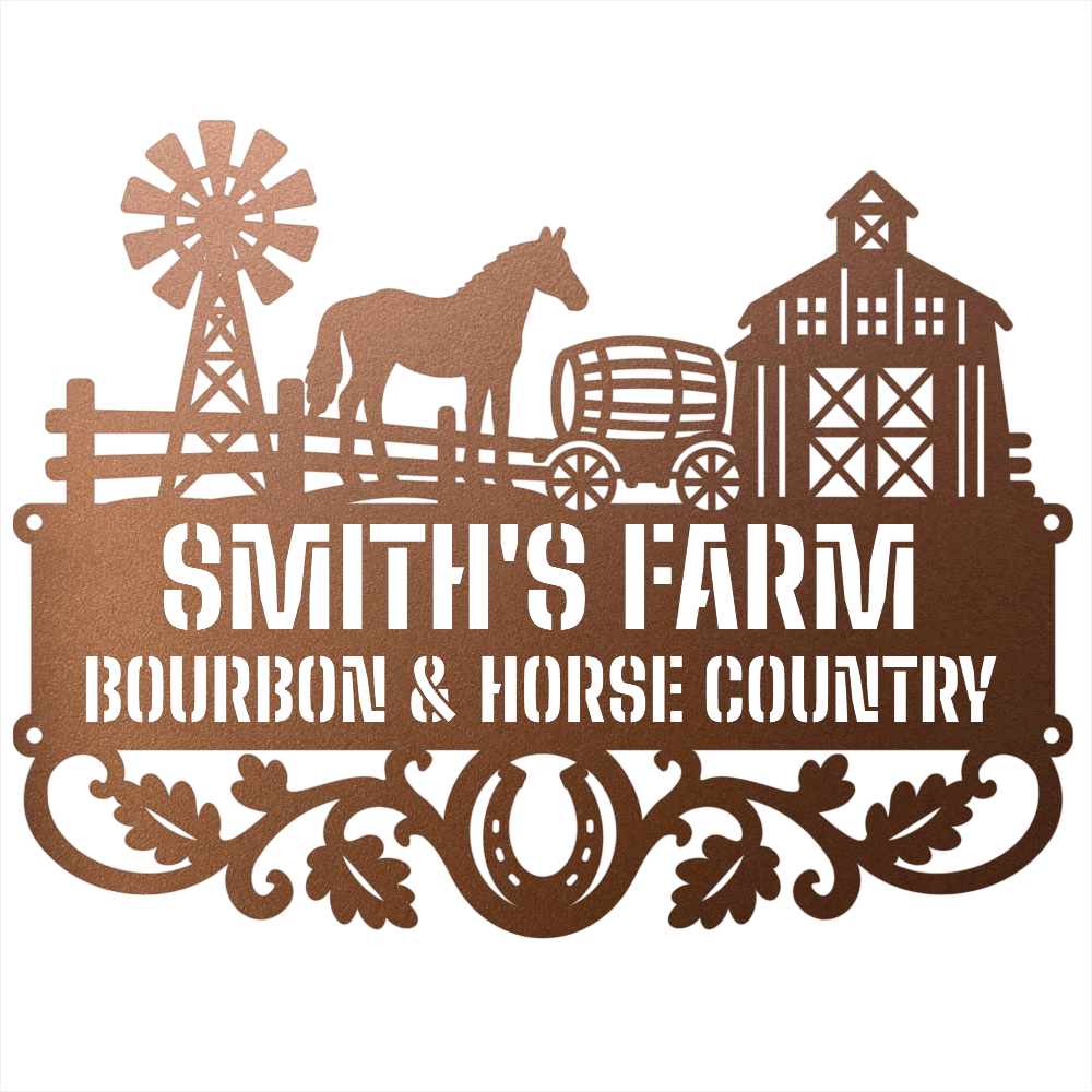 MyEasyMonogram Steel Sign Copper / 12 Personalized Farmyard Metal Wall Art with Horse and Barn Silhouette