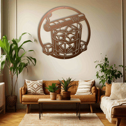 MyEasyMonogram Steel Sign Copper / 12 Whiskey Glass with Ice and Smoking Cigar Metal Wall Art