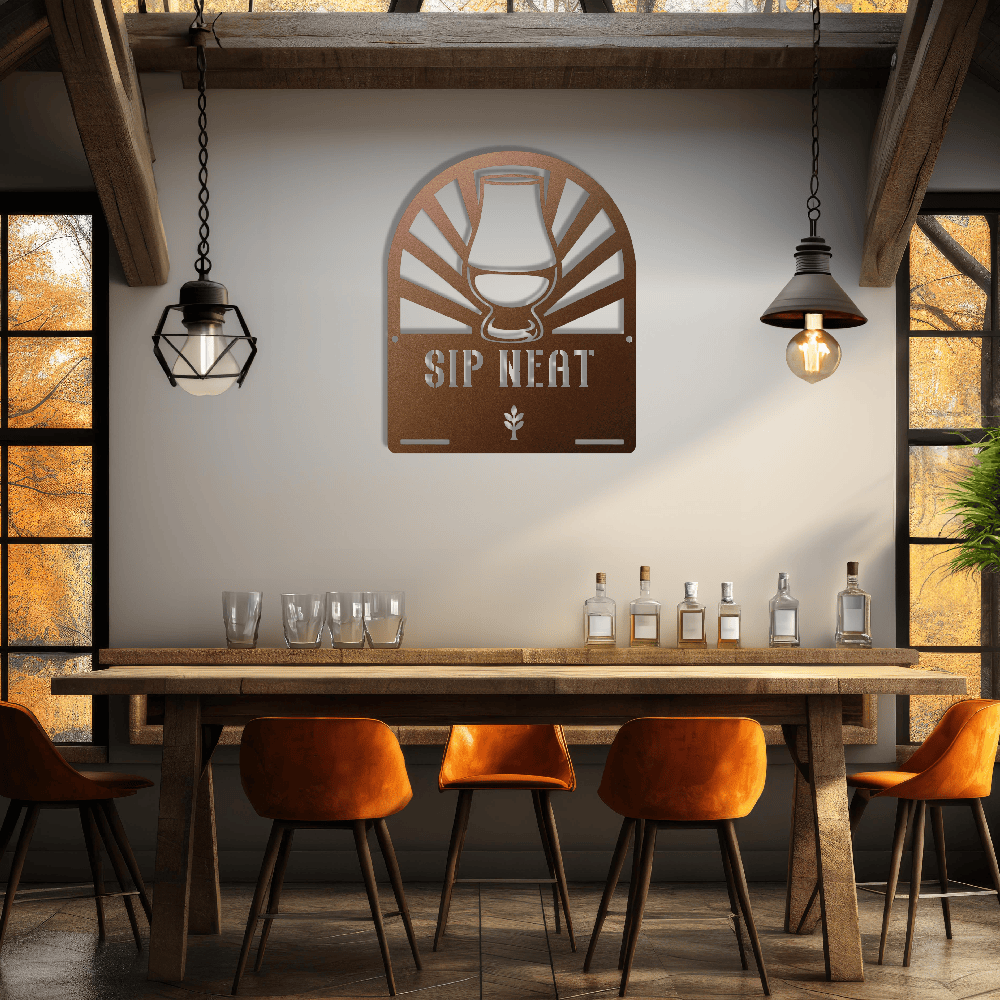 MyEasyMonogram Steel Sign Glencairn Glass Metal Wall Art — Steel Whisky & Bourbon Bar Sign with Heritage Icons