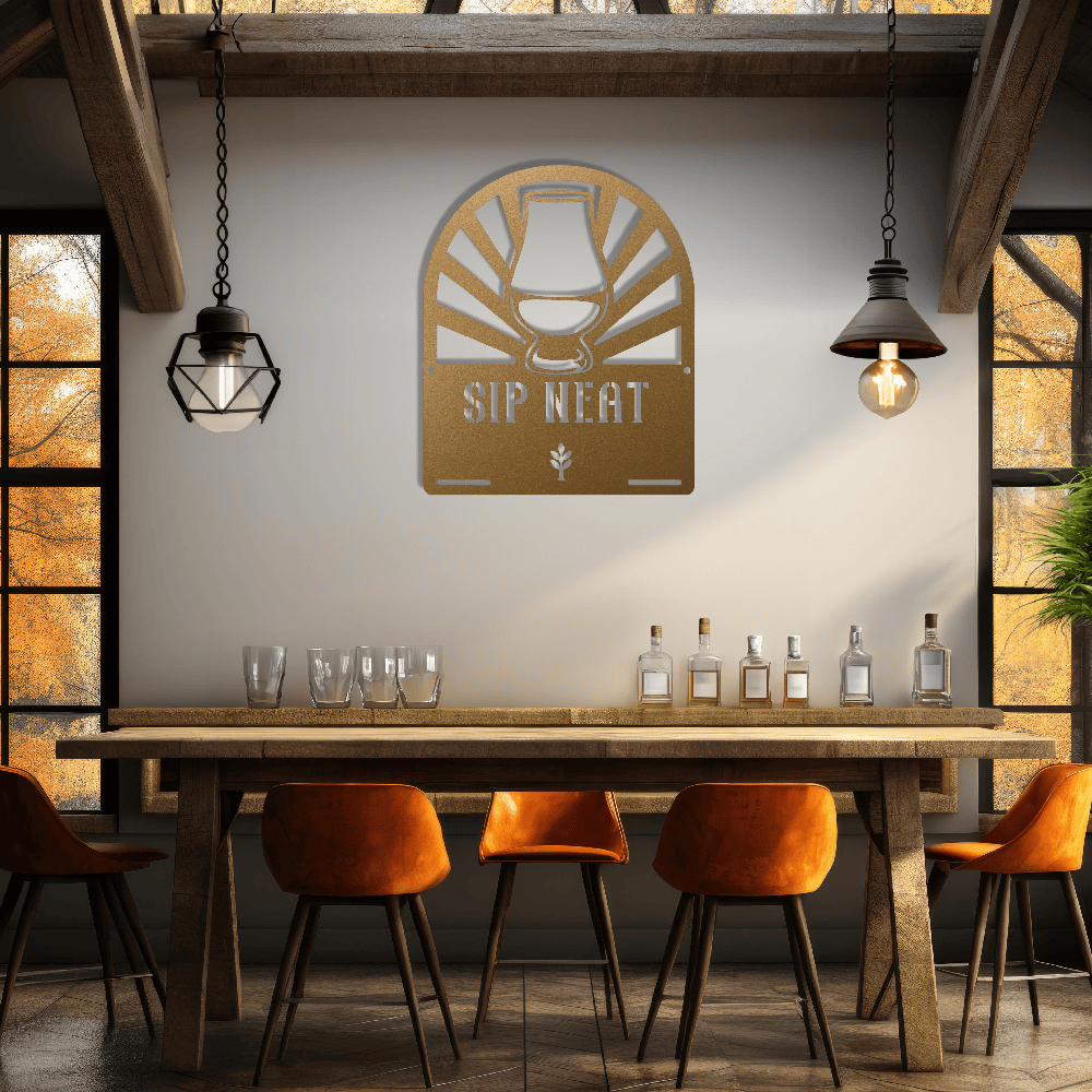 MyEasyMonogram Steel Sign Glencairn Glass Metal Wall Art — Steel Whisky & Bourbon Bar Sign with Heritage Icons