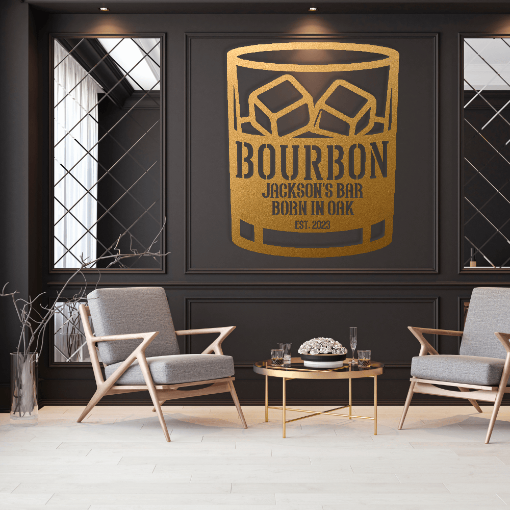 MyEasyMonogram Steel Sign Gold / 12 Personalized Bourbon Rocks Glass Metal Wall Art