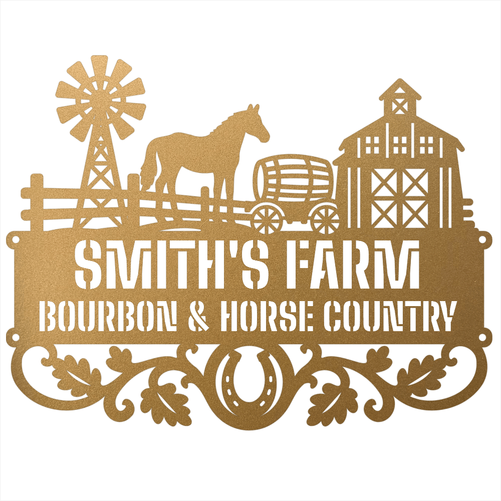 MyEasyMonogram Steel Sign Gold / 12 Personalized Farmyard Metal Wall Art with Horse and Barn Silhouette