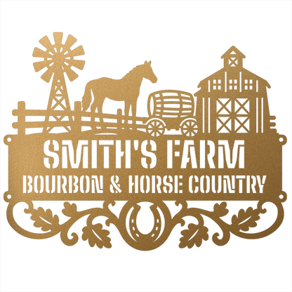 MyEasyMonogram Steel Sign Gold / 12 Personalized Farmyard Metal Wall Art with Horse and Barn Silhouette