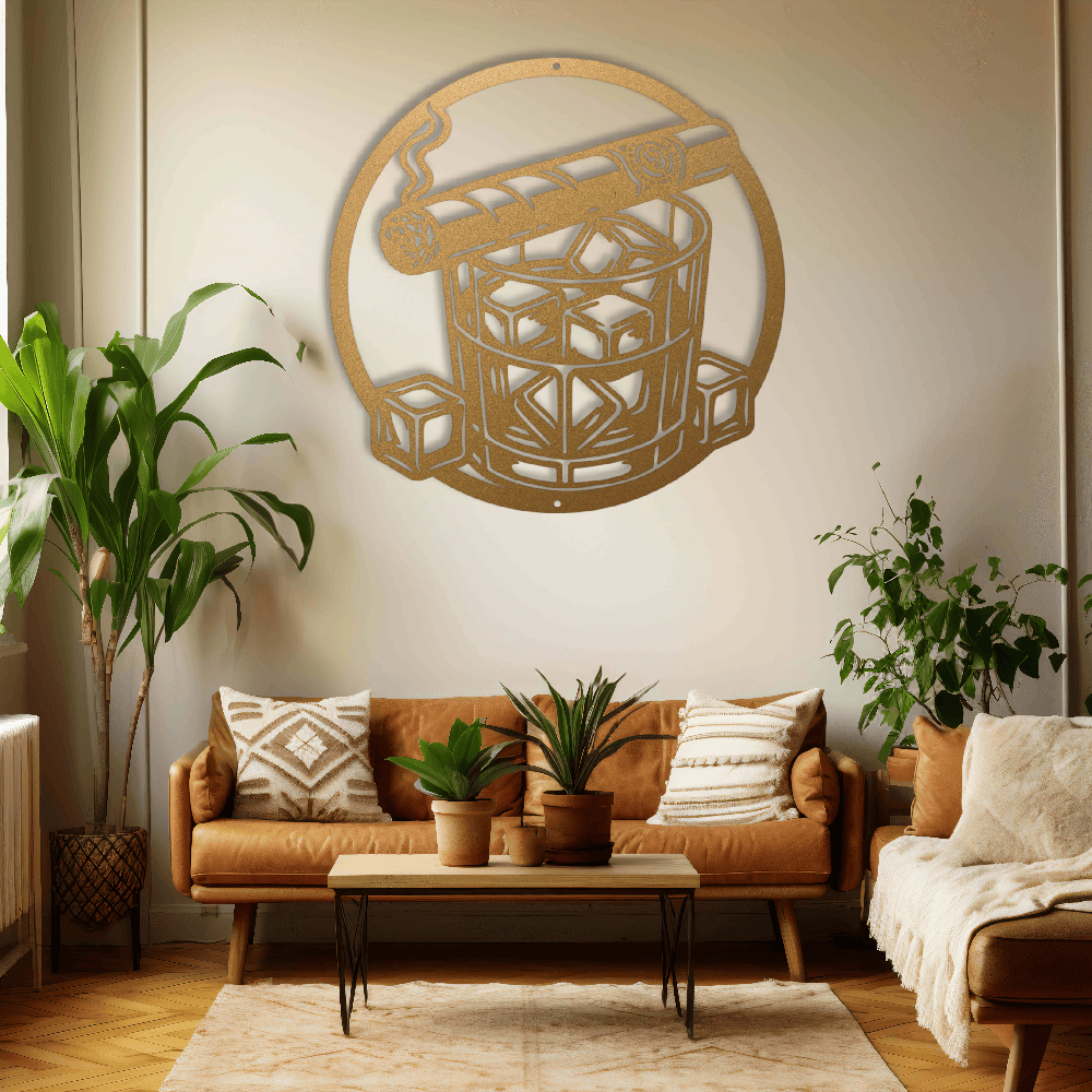 MyEasyMonogram Steel Sign Gold / 12 Whiskey Glass with Ice and Smoking Cigar Metal Wall Art