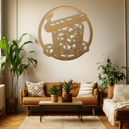 MyEasyMonogram Steel Sign Gold / 12 Whiskey Glass with Ice and Smoking Cigar Metal Wall Art