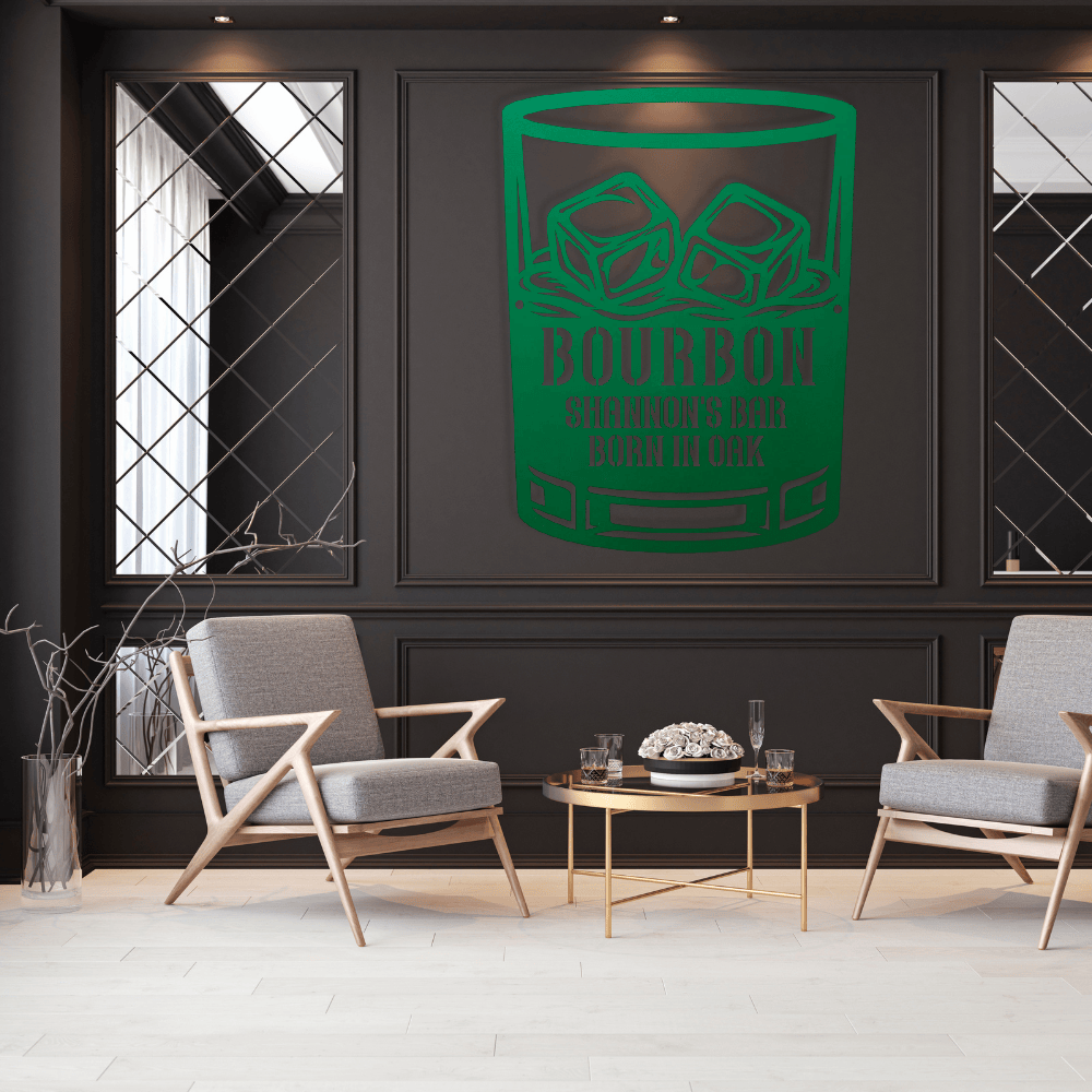 MyEasyMonogram Steel Sign Green / 12 Personalized Bourbon Whiskey Rocks Glass Metal Wall Art