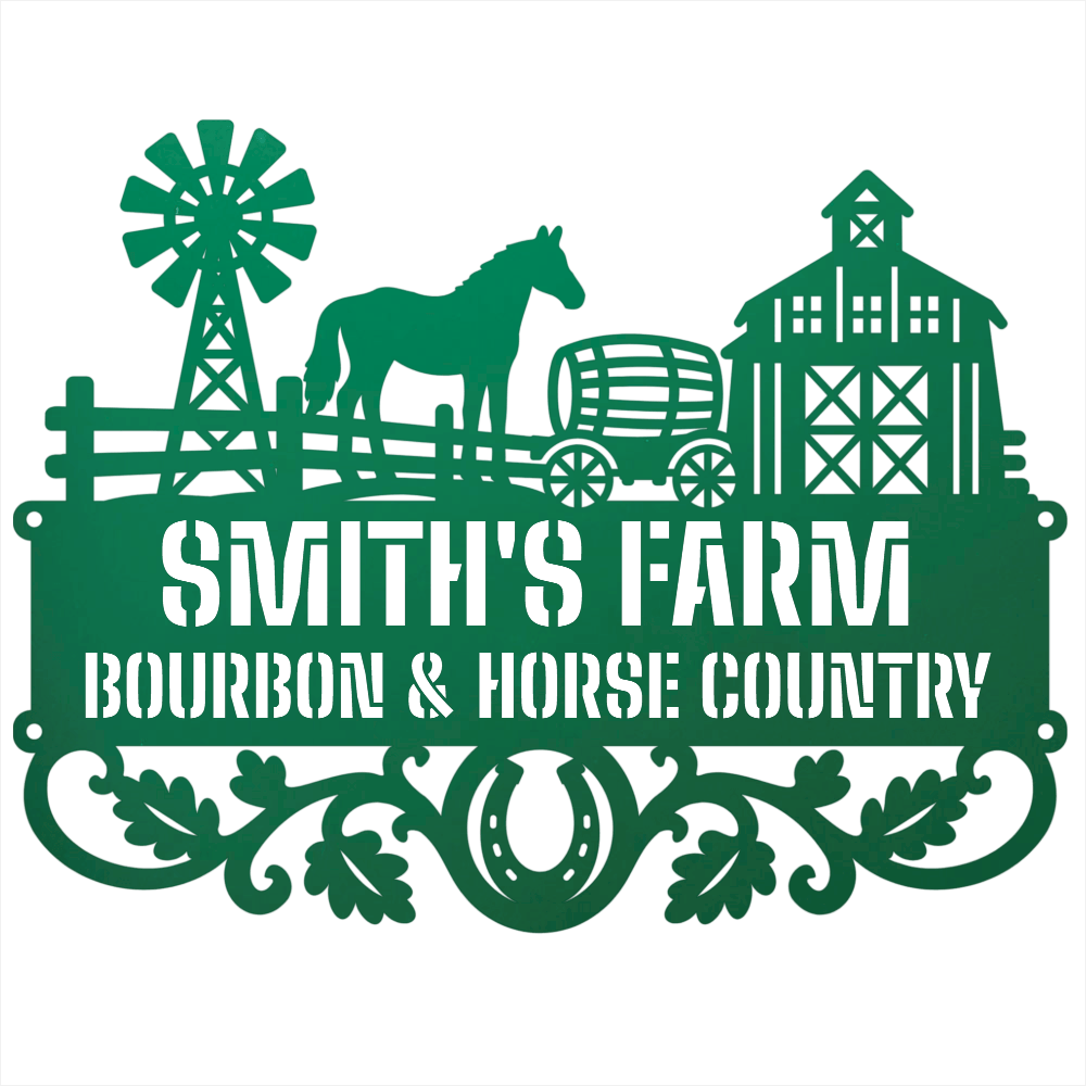 MyEasyMonogram Steel Sign Green / 12 Personalized Farmyard Metal Wall Art with Horse and Barn Silhouette