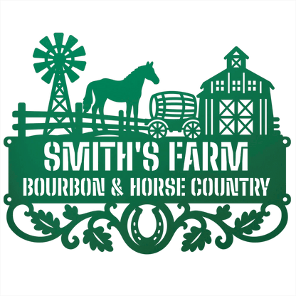 MyEasyMonogram Steel Sign Green / 12 Personalized Farmyard Metal Wall Art with Horse and Barn Silhouette