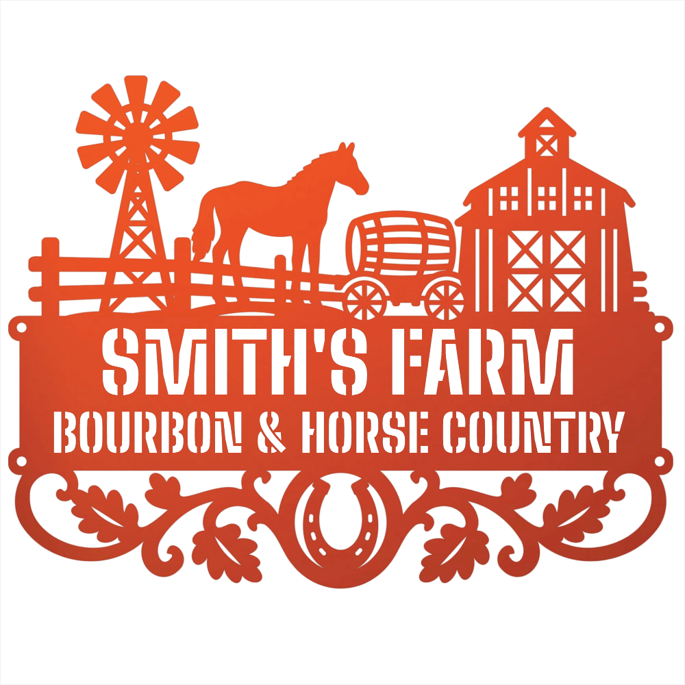 MyEasyMonogram Steel Sign Orange / 12 Personalized Farmyard Metal Wall Art with Horse and Barn Silhouette