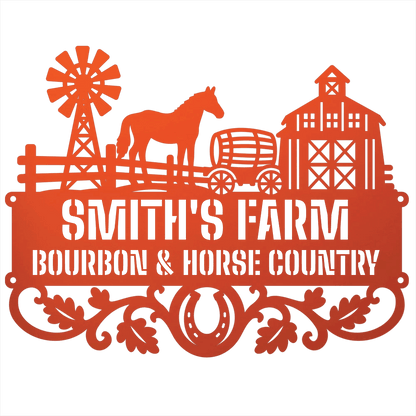 MyEasyMonogram Steel Sign Orange / 12 Personalized Farmyard Metal Wall Art with Horse and Barn Silhouette
