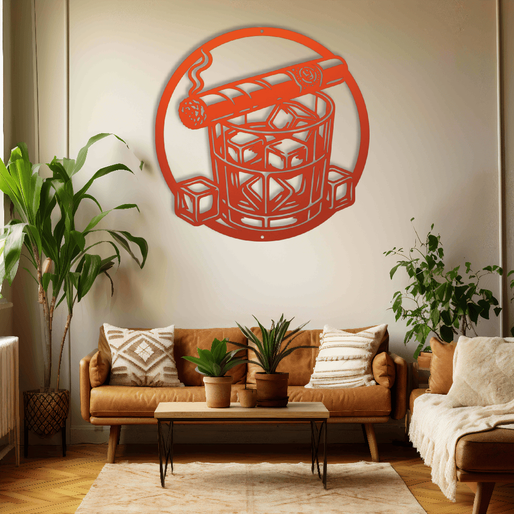 MyEasyMonogram Steel Sign Orange / 12 Whiskey Glass with Ice and Smoking Cigar Metal Wall Art