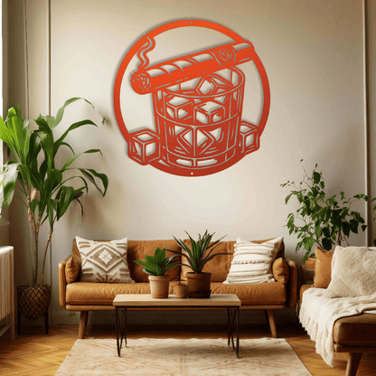 MyEasyMonogram Steel Sign Orange / 12 Whiskey Glass with Ice and Smoking Cigar Metal Wall Art