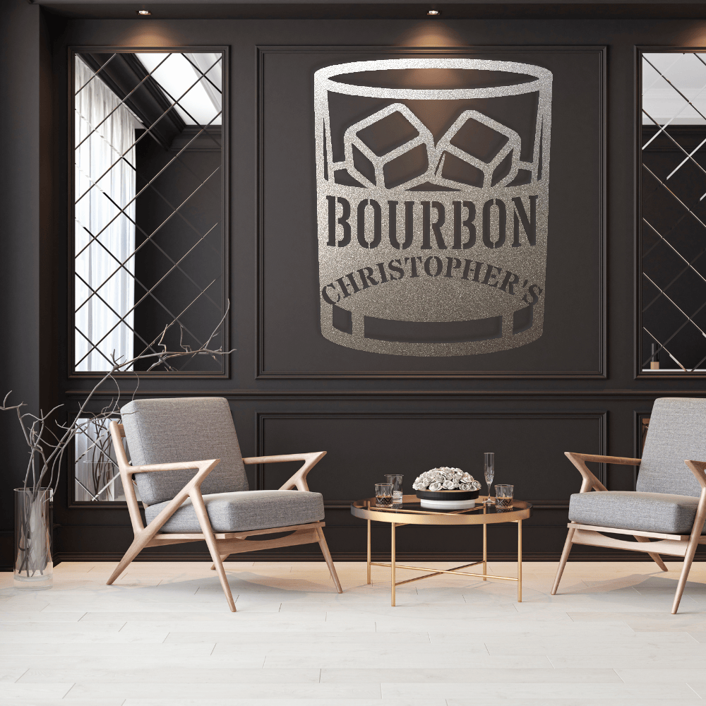 MyEasyMonogram Steel Sign Personalized Bourbon Rocks Glass Metal Wall Art